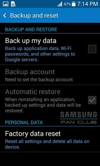 Factory data reset Samsung Galaxy Note, S3, S5, S7
